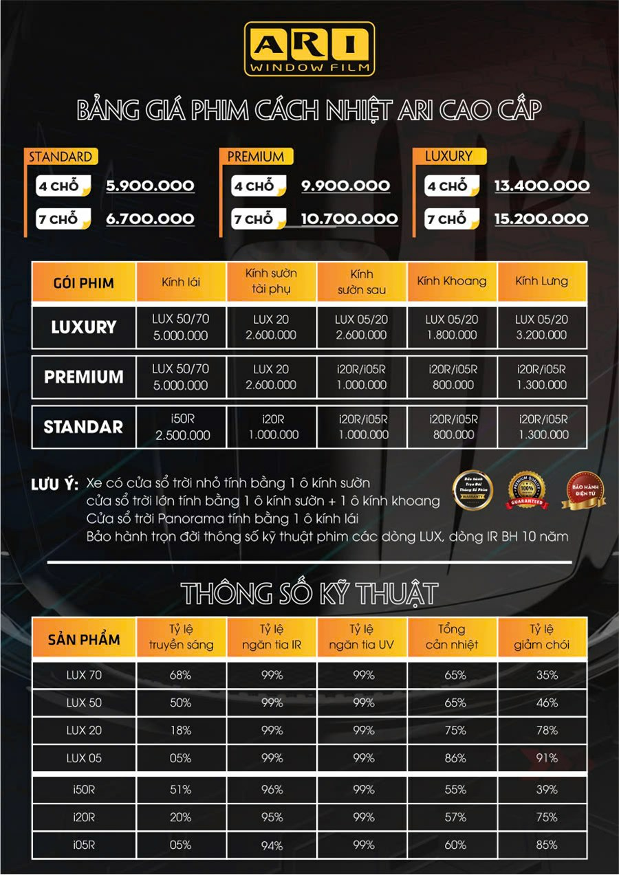 Bảng giá dán phim cách nhiệt ô tô ARI